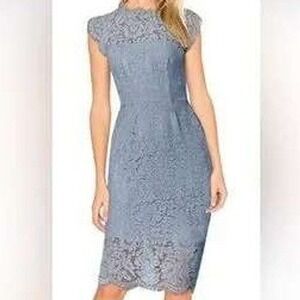 MEROKEETY Lace Cocktail Dress Sz L Sleeveless Blue Floral Eyelash Fringe Evening